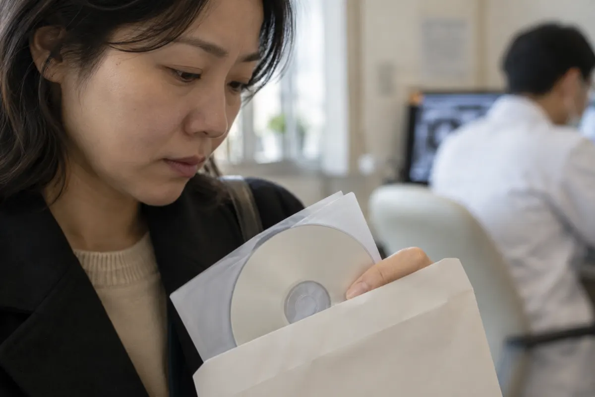 이전 검사 결과 봉투와 CD (AI 생성 연출 이미지)