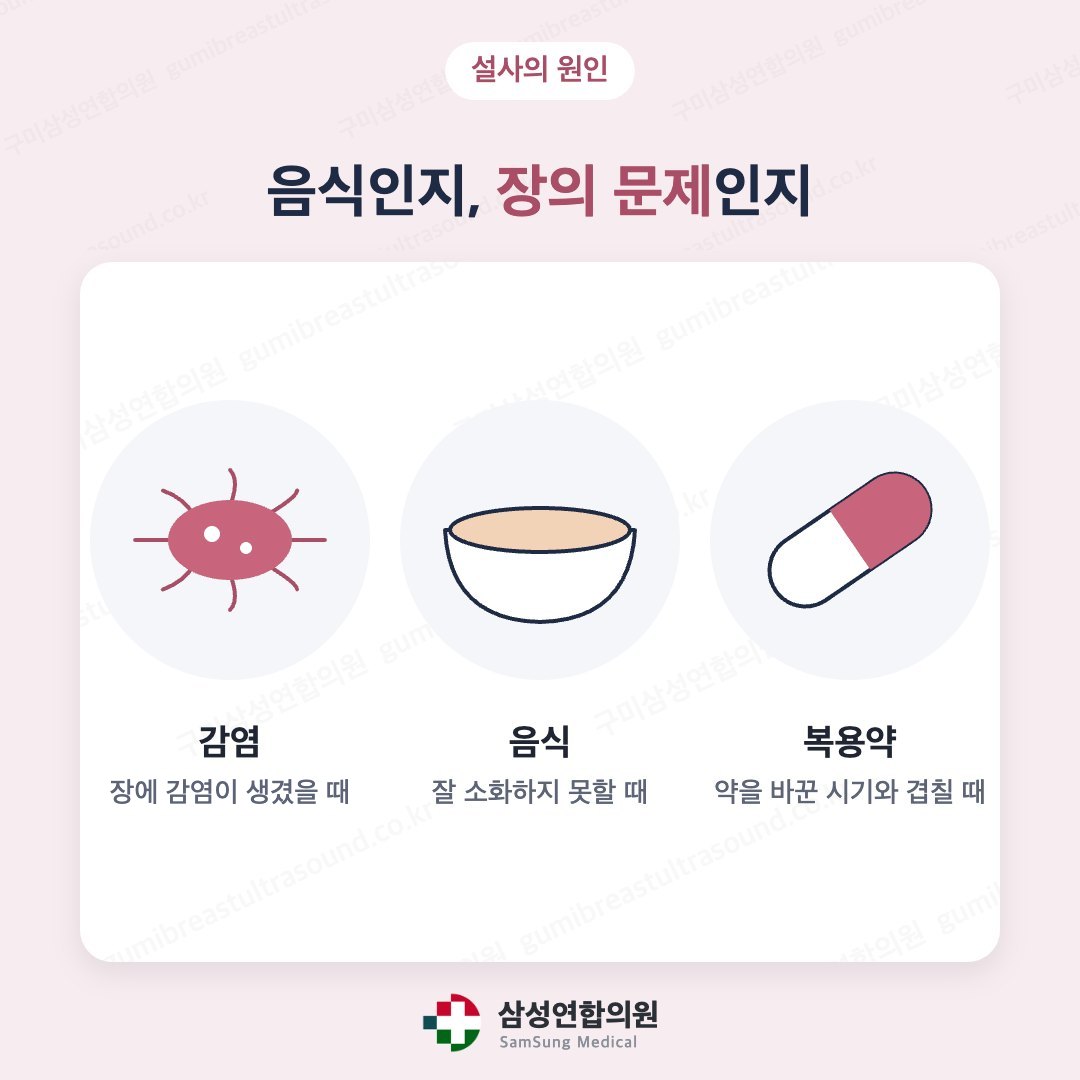 감염, 음식, 복용약 등 설사의 여러 원인을 나타낸 의학 도식